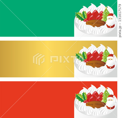 クリスマスケーキのバナー。サンタクロースとイチゴの飾り。クリスマス　フレーム　背景　セット　 131017579