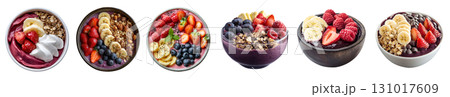 Set of Bowl of Acai smoothie yoghurt yogurt, top front view, different ingredient seed, colourful fruits, banana blueberry raspberry, nuts on transparent cutout PNG. Mockup template for design 131017609