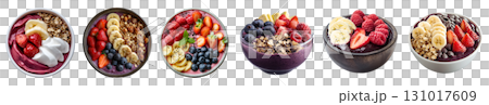Set of Bowl of Acai smoothie yoghurt yogurt, top front view, different ingredient seed, colourful fruits, banana blueberry raspberry, nuts on transparent cutout PNG. Mockup template for design 131017609