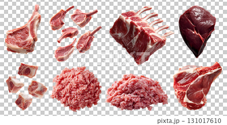 Set of fresh raw red meat, goat steak beef pork venison lamb t-bone rib rack, sliced pile minced ground isolated on transparent cutout PNG. Many different cut. Mockup template 131017610