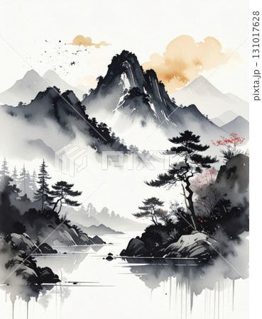 Watercolor landscape of mountains with a foggy forest 131017628