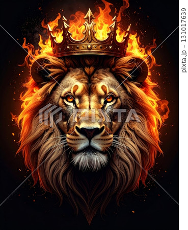 Roaring lion king face on black with a fiery 131017639