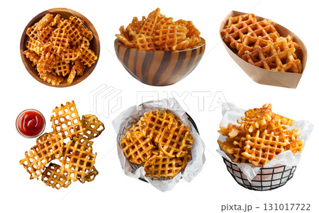 Criss cut waffle potato fries, many angles and view pile, metal tray, paper boat, tomato ketchup, bowl, baked fried on transparent cutout, PNG file. Mockup template for artwork 131017722