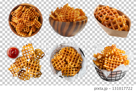 Criss cut waffle potato fries, many angles and view pile, metal tray, paper boat, tomato ketchup, bowl, baked fried on transparent cutout, PNG file. Mockup template for artwork 131017722