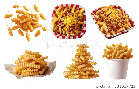 Crinkle cut wavy potato french fries fry, many angles view side top front pile, paper bucket, food tray, chili cheese, fly scattered on transparent cutout PNG. Mockup template 131017723