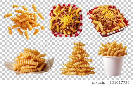 Crinkle cut wavy potato french fries fry, many angles view side top front pile, paper bucket, food tray, chili cheese, fly scattered on transparent cutout PNG. Mockup template 131017723