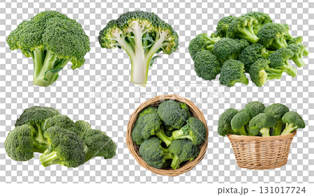 Broccoli vegetable plant stem stalk, many angles view side top front basket slice halved bundle isolated on transparent cutout, PNG file. Mockup template for artwork 131017724