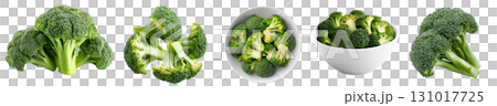 Broccoli vegetable plant stem stalk, many angles view side top front bowl slice bundle isolated on transparent cutout, PNG file. Mockup template for artwork graphic design 131017725