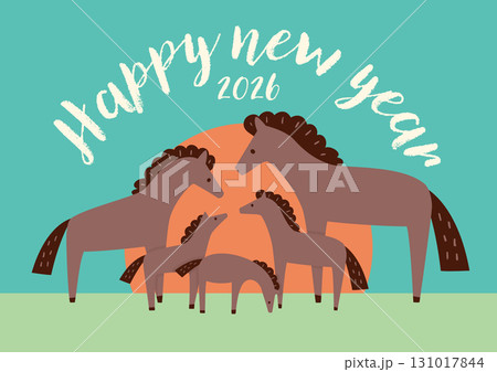 馬の親子5頭を描いた2026年午年年賀状用ベクターイラスト 131017844