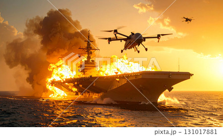 ドローンの攻撃を受けて炎上する航空母艦 131017881