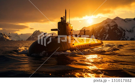 夕暮れ時に海上に浮上した1隻の潜水艦 131017882