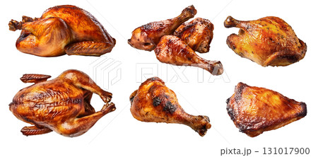 Roasted grilled turkey chicken, whole, drumstick thigh, breast meat on transparent background cutout, PNG file. Mockup template for artwork design. perspective positions many different angle, cut 131017900