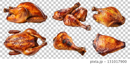 Roasted grilled turkey chicken, whole, drumstick thigh, breast meat on transparent background cutout, PNG file. Mockup template for artwork design. perspective positions many different angle, cut 131017900
