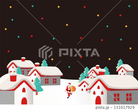 アイソメトリックなクリスマスの街。雪とサンタクロースが描かれた冬の背景。バナー　フレーム　背景　素材 131017929