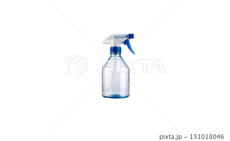 Isolated blue plastic spray bottle filled with clear cleaning solution placed on white background. Isolated blue plastic spray bottle filled with clear cleaning solution placed on white background. 131018046