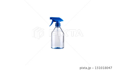Isolated blue plastic spray bottle filled with clear cleaning solution placed on white background. Isolated blue plastic spray bottle filled with clear cleaning solution placed on white background. 131018047