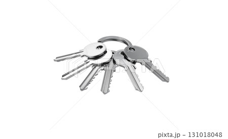 Shiny metal key chain on loop for home security, isolated on white background. 131018048