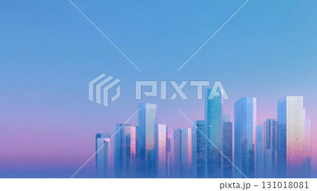 朝焼けに輝く未来都市の高層ビル群 131018081