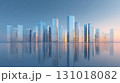 朝焼けに映る未来都市の高層ビル群と水面の反射 131018082