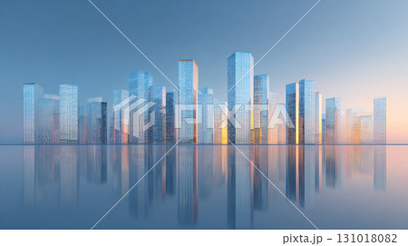 朝焼けに映る未来都市の高層ビル群と水面の反射 131018082