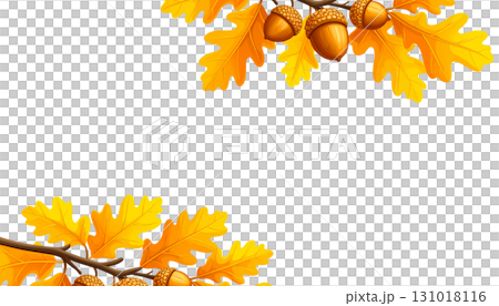 Close-up photo of brown acorn and green oak leaves on white background. 131018116