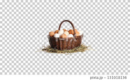 Rustic wicker basket full of eggs on white background 131018136