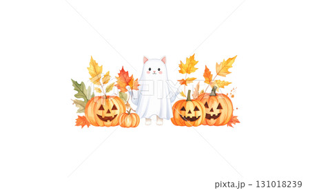Illustration of an orange Halloween pumpkin with falling leaves and pumpkin harvest border. 131018239