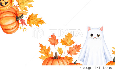 Illustration of an orange Halloween pumpkin with falling leaves and pumpkin harvest border. 131018240