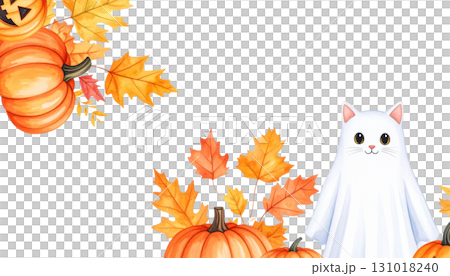 Illustration of an orange Halloween pumpkin with falling leaves and pumpkin harvest border. 131018240