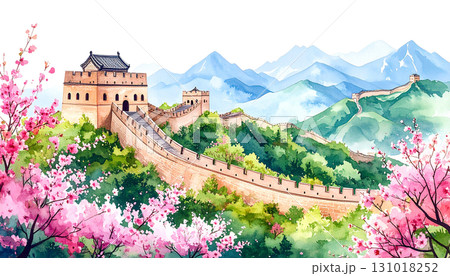 The Great Wall of China features an ancient castle-like architecture on a green hill isolated on a white background. 131018252