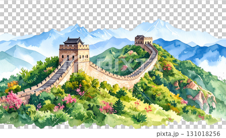 The Great Wall of China features an ancient castle-like architecture on a green hill isolated on a white background. 131018256