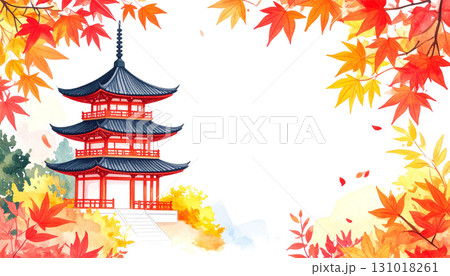 Japanese pagoda and maple trees in autumn watercolor isolated on white background 131018261