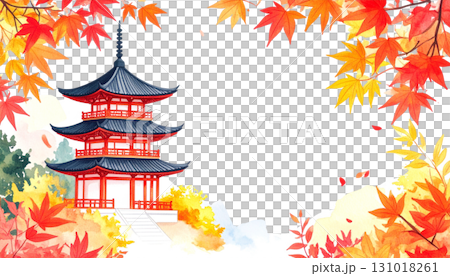 Japanese pagoda and maple trees in autumn watercolor isolated on white background 131018261