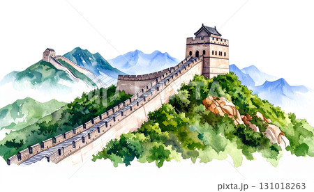 The Great Wall of China features an ancient castle-like architecture on a green hill isolated on a white background. 131018263