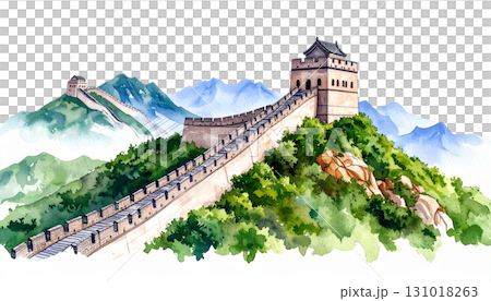 The Great Wall of China features an ancient castle-like architecture on a green hill isolated on a white background. 131018263