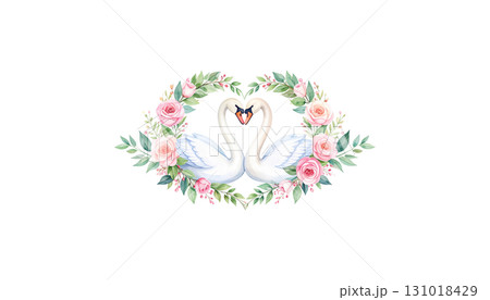 A pair of cartoon swan birds form a heart with their beaks, symbolizing love and union on the water A pair of cartoon swan birds form a heart with their beaks, symbolizing love and union on the water 131018429