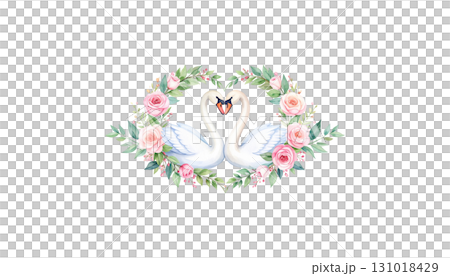 A pair of cartoon swan birds form a heart with their beaks, symbolizing love and union on the water 131018429