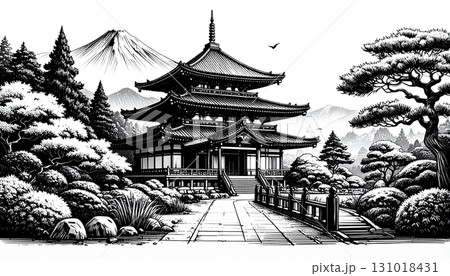 Traditional oriental temple architecture with a separate pagoda roof on a white background. 131018431