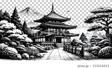 Traditional oriental temple architecture with a separate pagoda roof on a white background. 131018431