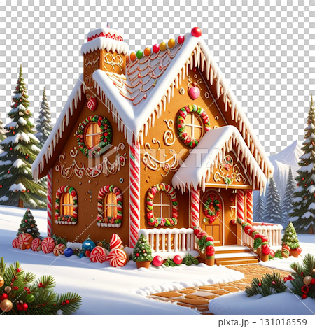 Sweet gingerbread house with Christmas decorations isolated on white background 131018559