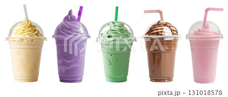 Milkshake Smoothie Ice Blended in dome lid plastic disposable transparent cup on transparent background cutout, PNG file. Many assorted different flavour Mockup template 131018578