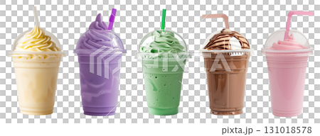 Milkshake Smoothie Ice Blended in dome lid plastic disposable transparent cup on transparent background cutout, PNG file. Many assorted different flavour Mockup template 131018578