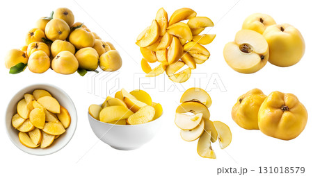 Quince quinces yellow pome fruit, many angles and view side top front sliced pile bunch bowl cut isolated on transparent background cutout, PNG file. Mockup template for artwork 131018579