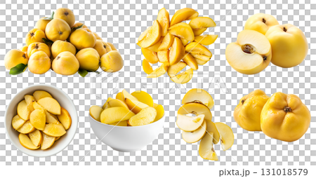 Quince quinces yellow pome fruit, many angles and view side top front sliced pile bunch bowl cut isolated on transparent background cutout, PNG file. Mockup template for artwork 131018579