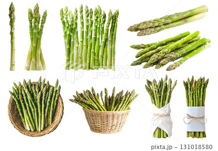 Asparagus vegetable plant flowering stem, many angles view side top front basket wrap bundled isolated on transparent cutout, PNG file. Mockup template for artwork 131018580