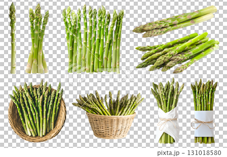 Asparagus vegetable plant flowering stem, many angles view side top front basket wrap bundled isolated on transparent cutout, PNG file. Mockup template for artwork 131018580