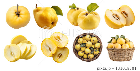 Quince quinces yellow pome fruit, many angles and view side top front sliced halved bunch basket cut isolated on transparent background cutout, PNG. Mockup template 131018581