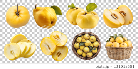 Quince quinces yellow pome fruit, many angles and view side top front sliced halved bunch basket cut isolated on transparent background cutout, PNG. Mockup template 131018581