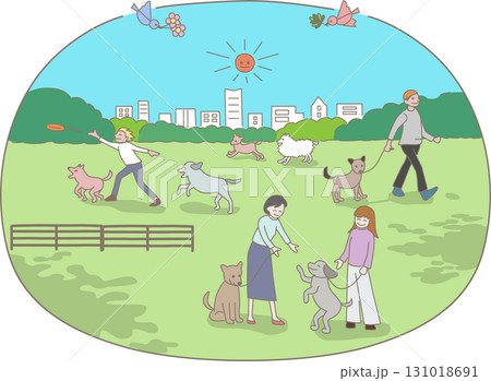 公園で犬と人々が集い楽しんでいるイラスト 131018691