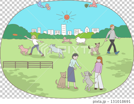 公園で犬と人々が集い楽しんでいるイラスト 131018691
